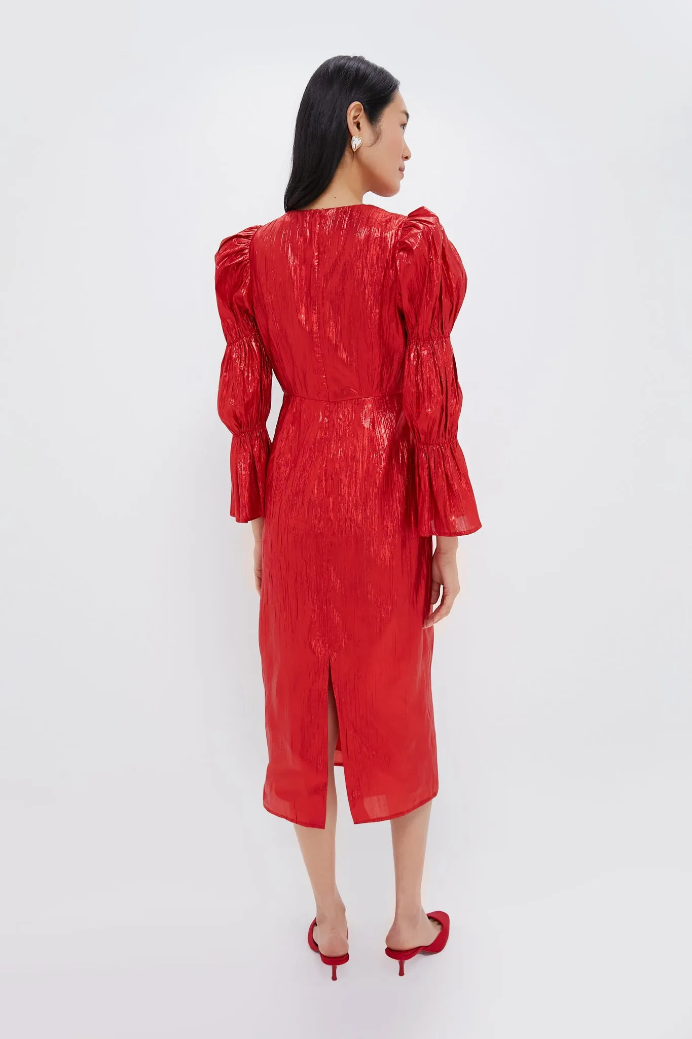 Red Metallic Plisse Puff Sleeve Darcy Midi Dress sold by Tuckernuck product image thumbnail 4