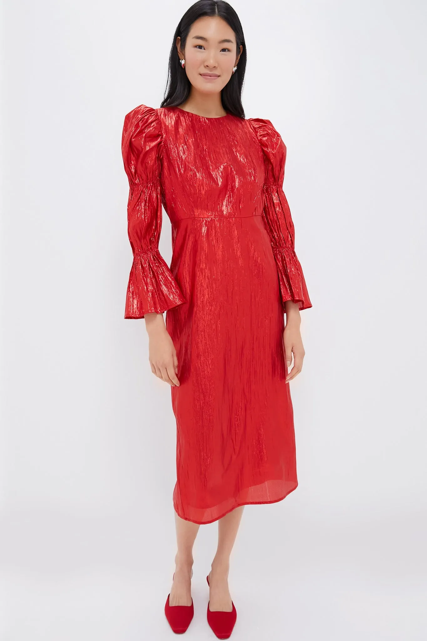 Red Metallic Plisse Puff Sleeve Darcy Midi Dress sold by Tuckernuck
