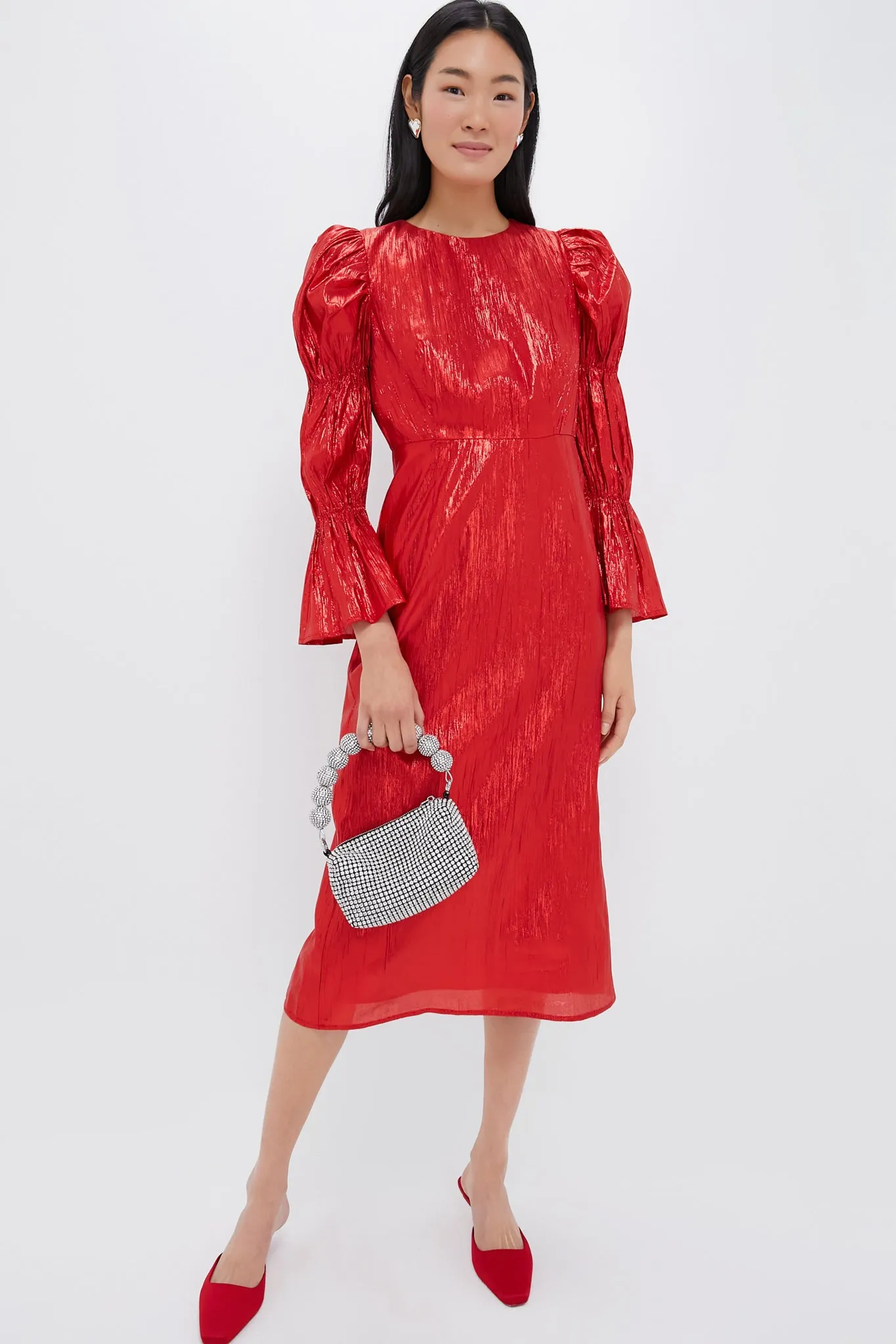 Red Metallic Plisse Puff Sleeve Darcy Midi Dress sold by Tuckernuck product image thumbnail 2