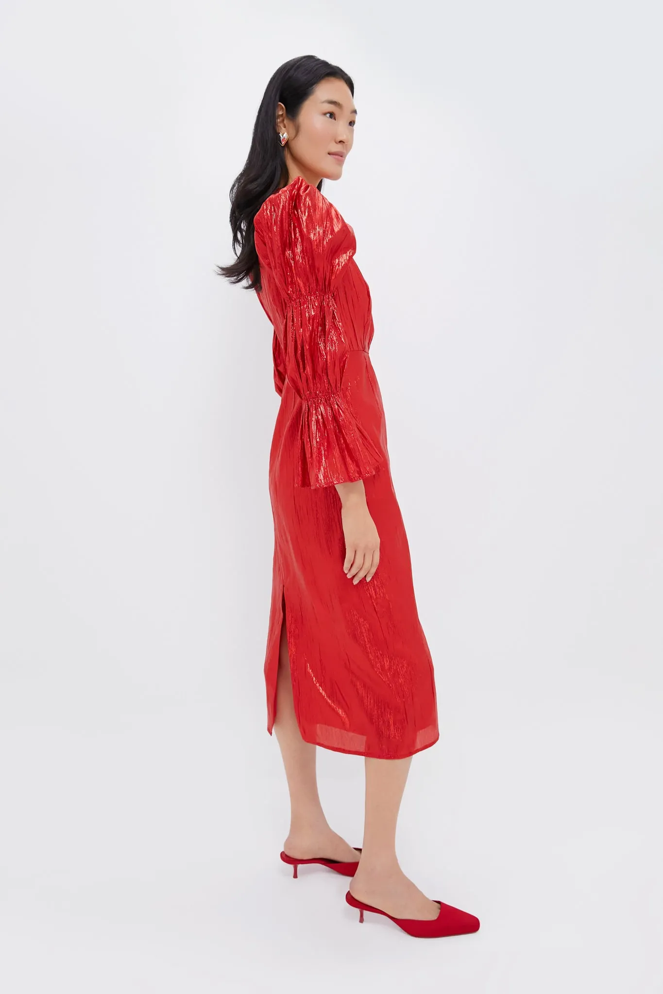 Red Metallic Plisse Puff Sleeve Darcy Midi Dress sold by Tuckernuck product image thumbnail 3