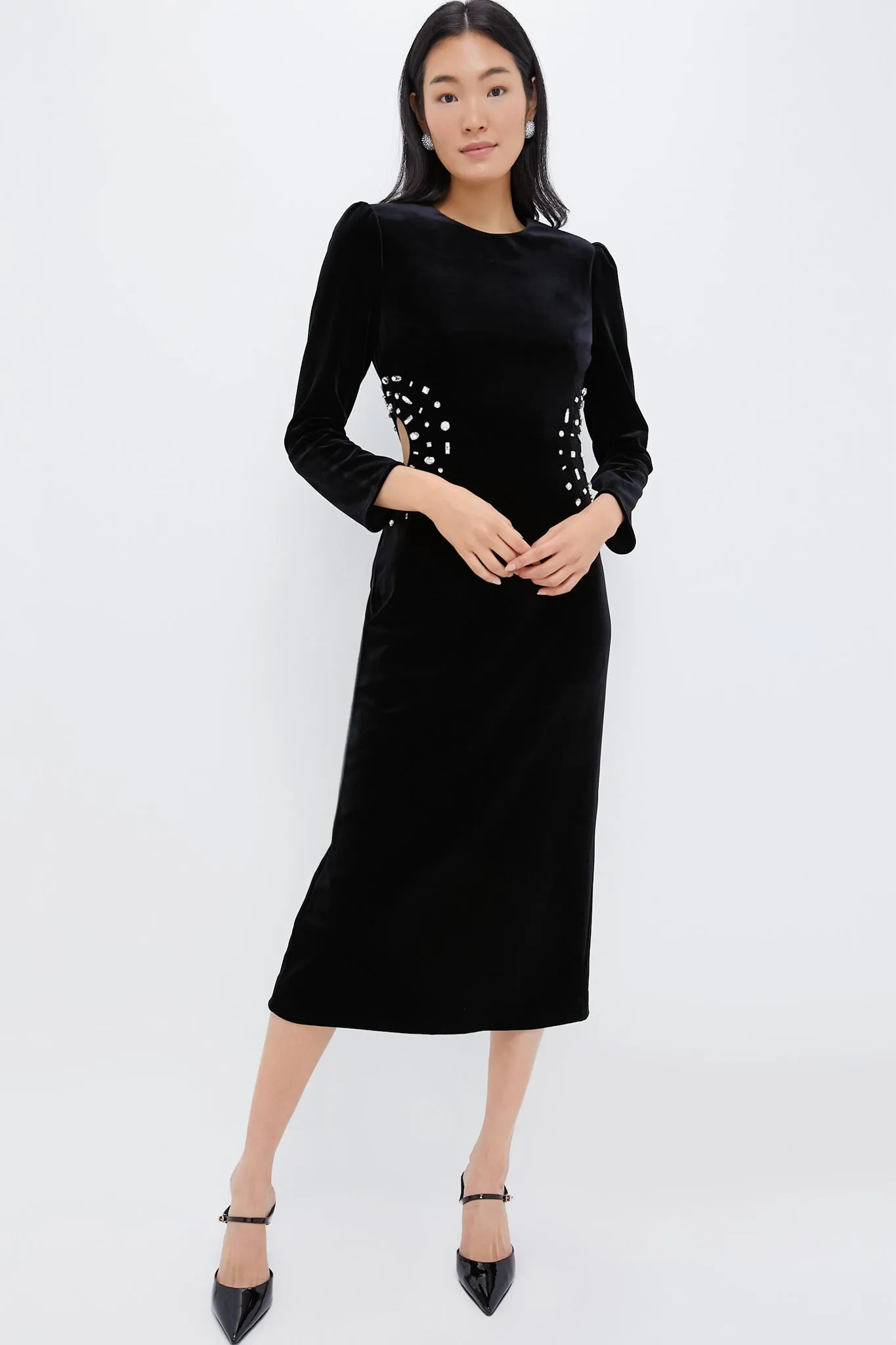 Black Embellished Velvet Jules Midi Dress sold by Tuckernuck