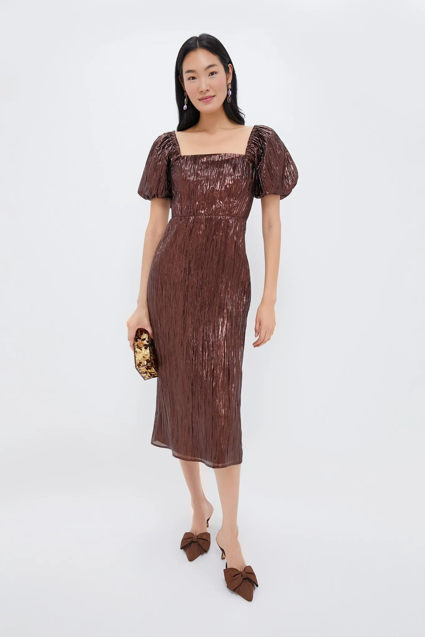 Bronze Metallic Plisse Gladys Puff Sleeve Midi Dress sold by Tuckernuck product image thumbnail 3