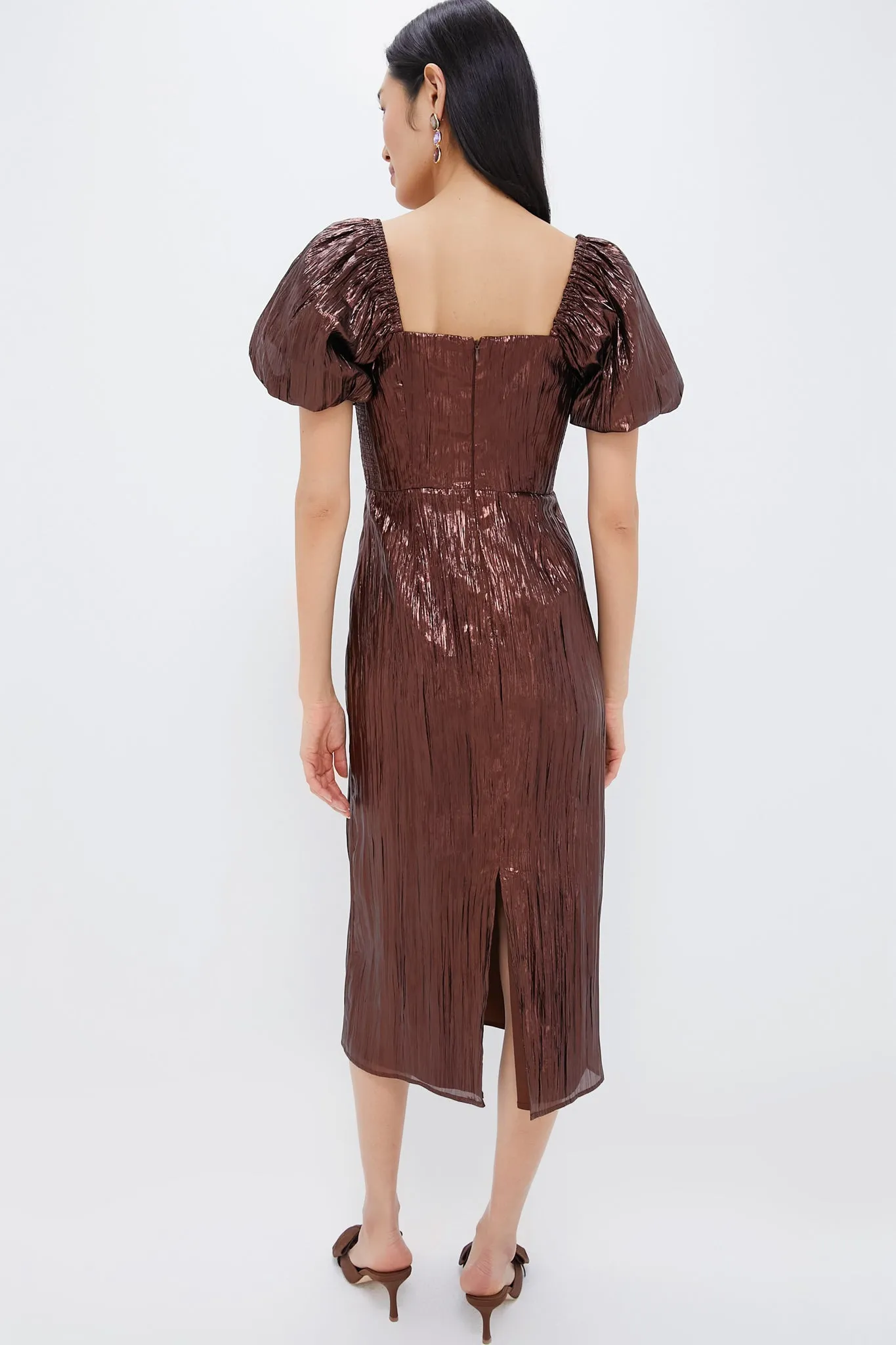 Bronze Metallic Plisse Gladys Puff Sleeve Midi Dress sold by Tuckernuck product image thumbnail 5