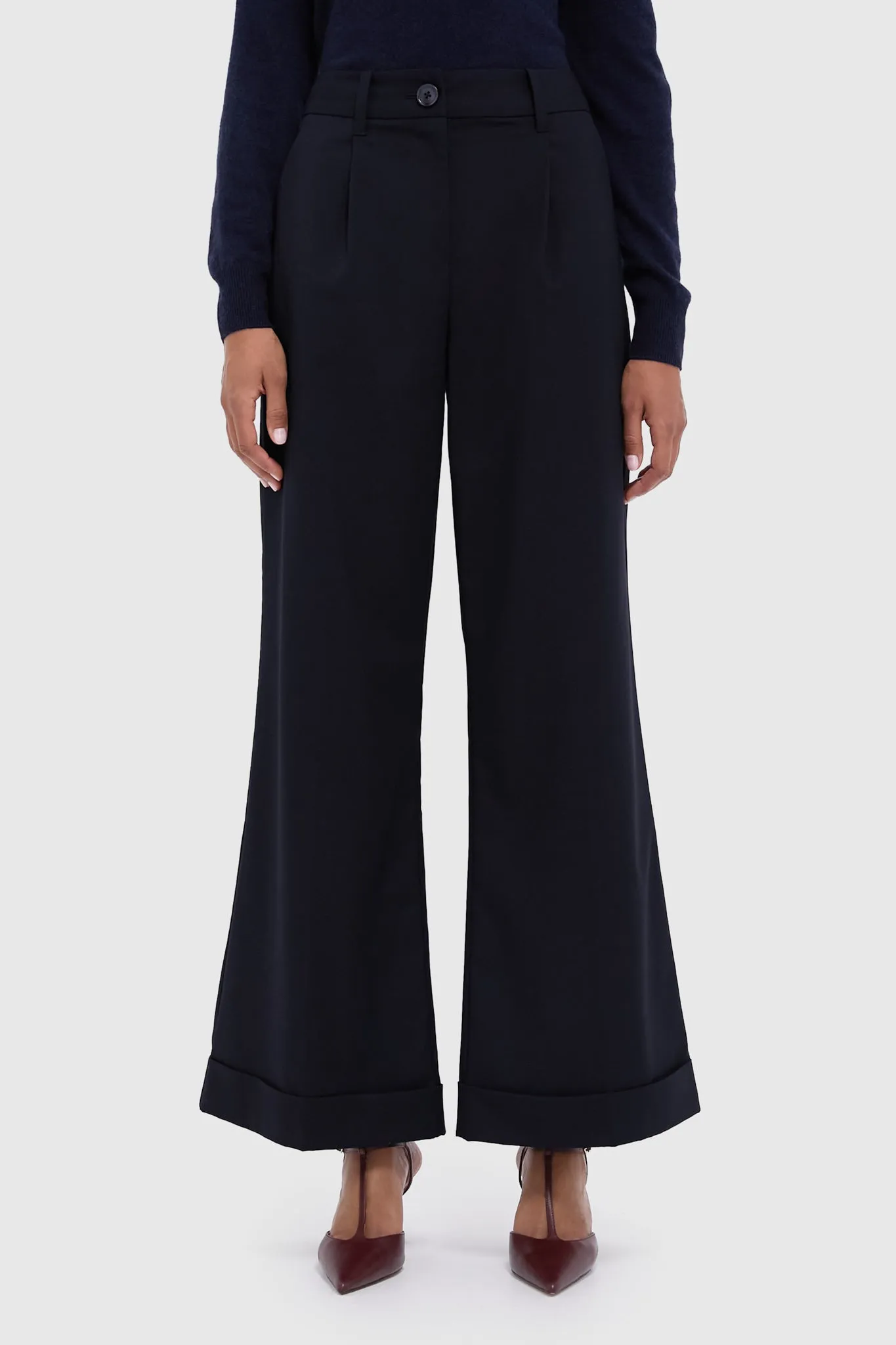 Navy Cuffed Wide Leg Watson Trousers sold by Tuckernuck