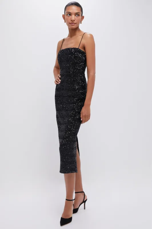 Black Sequin Carmen Column Midi Dress sold by Tuckernuck