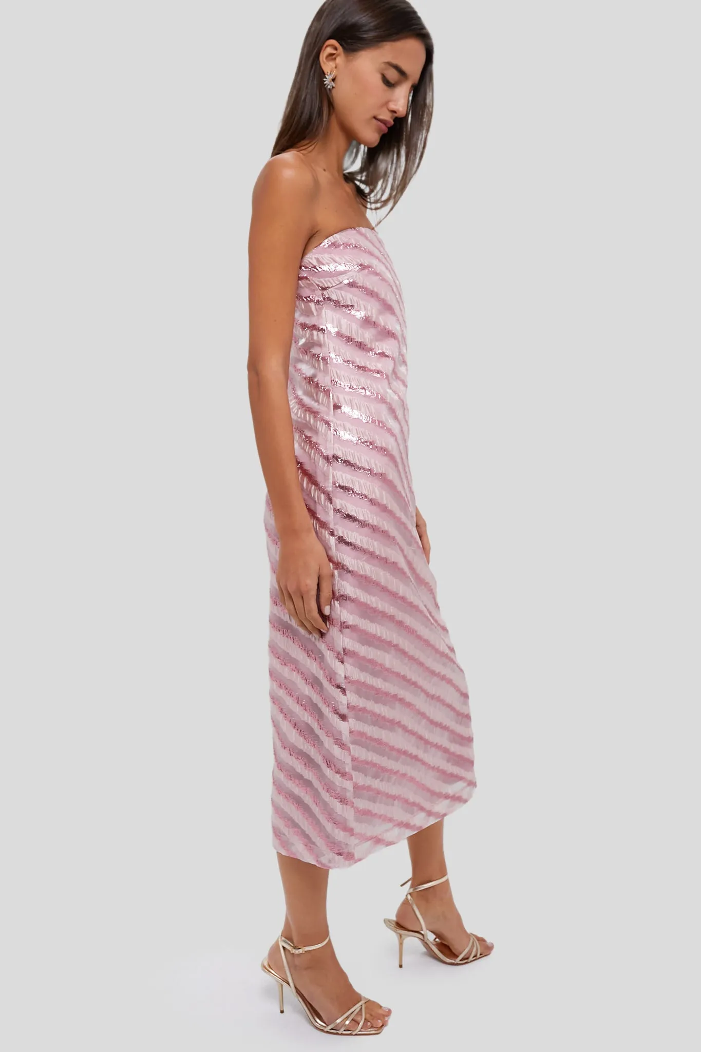 Soft Pink Shimmer Stripes Mila Strapless Midi Dress sold by Tuckernuck product image thumbnail 3