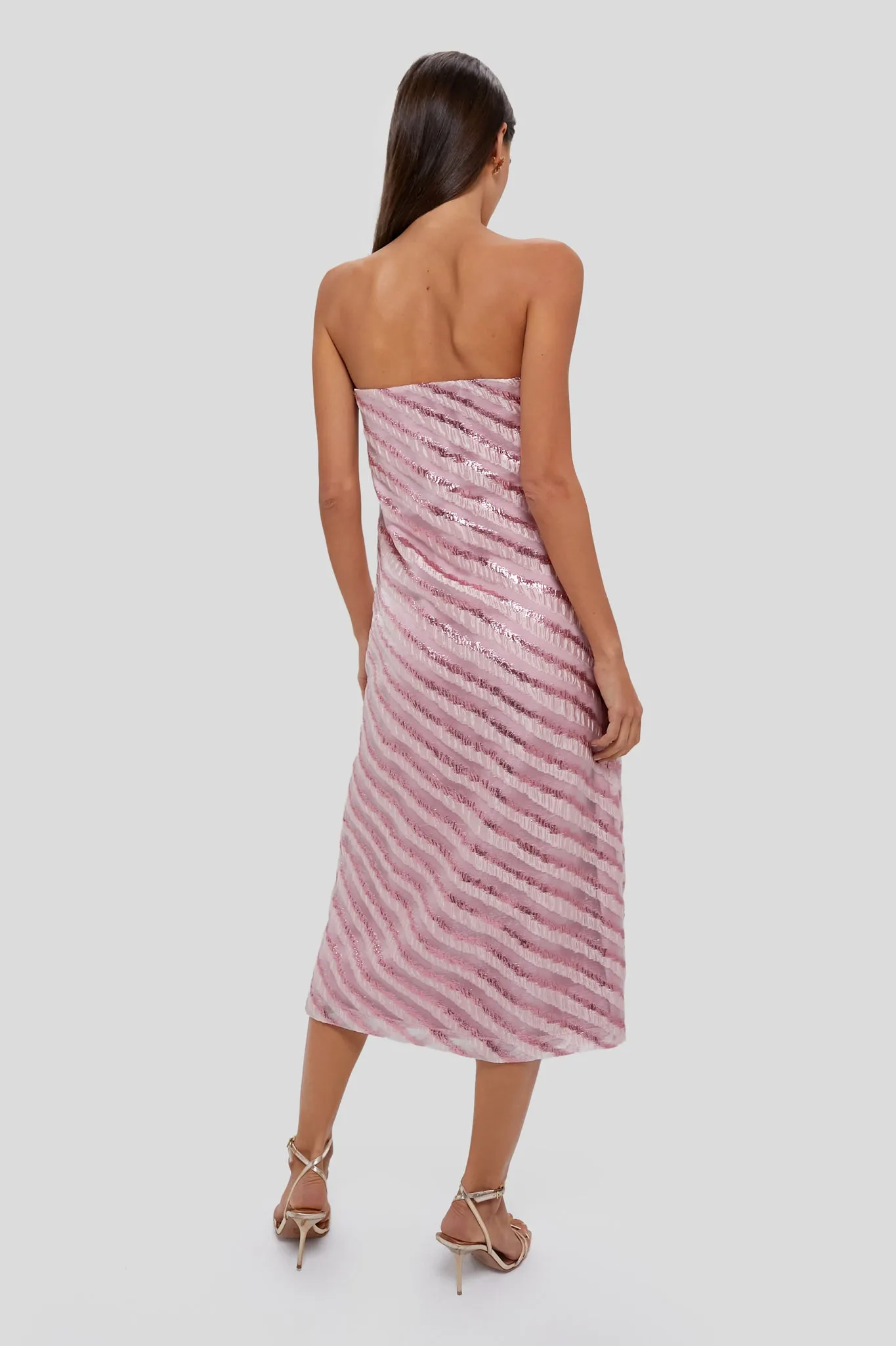 Soft Pink Shimmer Stripes Mila Strapless Midi Dress sold by Tuckernuck product image thumbnail 4