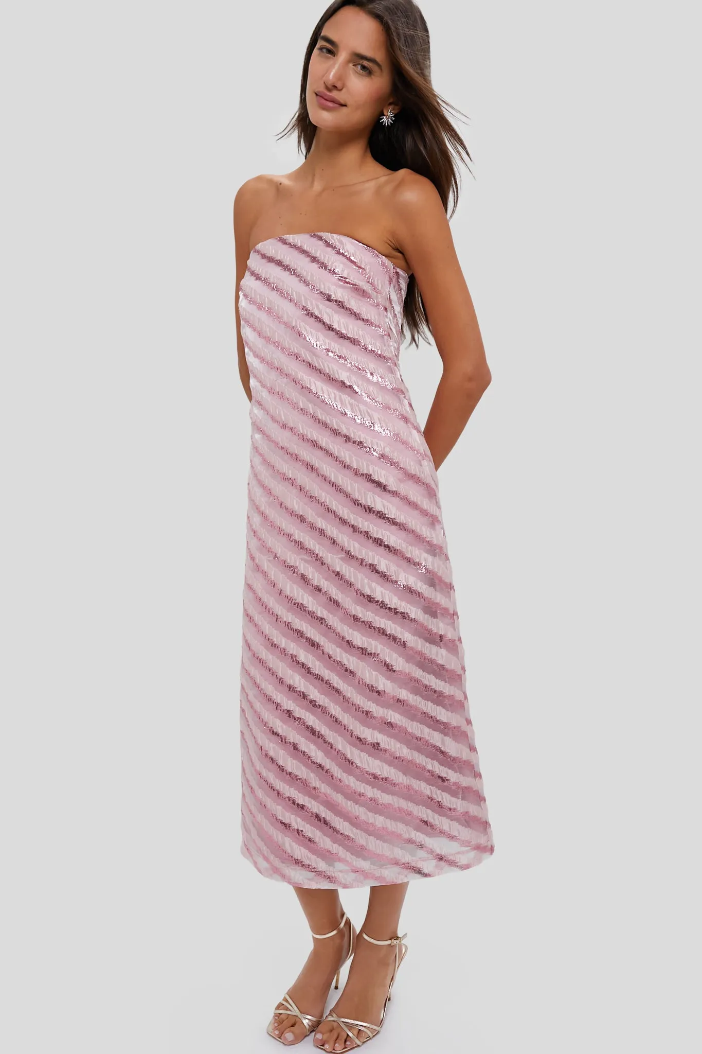 Soft Pink Shimmer Stripes Mila Strapless Midi Dress sold by Tuckernuck
