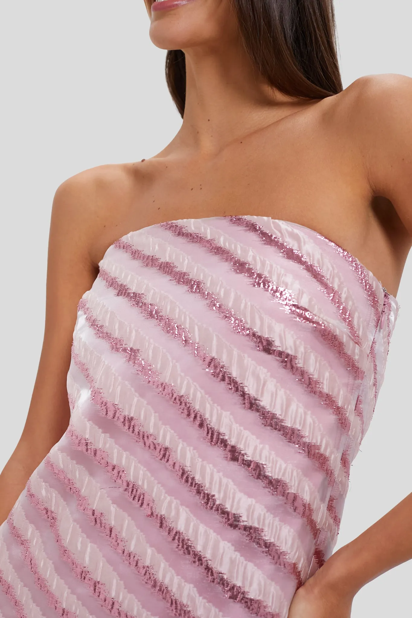 Soft Pink Shimmer Stripes Mila Strapless Midi Dress sold by Tuckernuck product image thumbnail 5