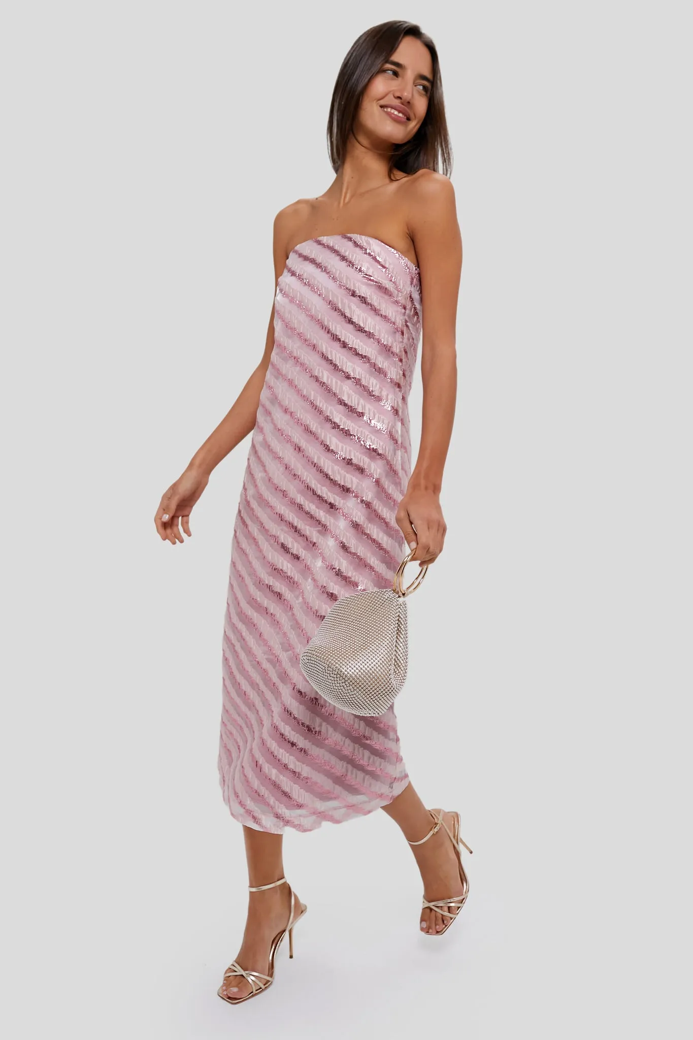 Soft Pink Shimmer Stripes Mila Strapless Midi Dress sold by Tuckernuck product image thumbnail 2