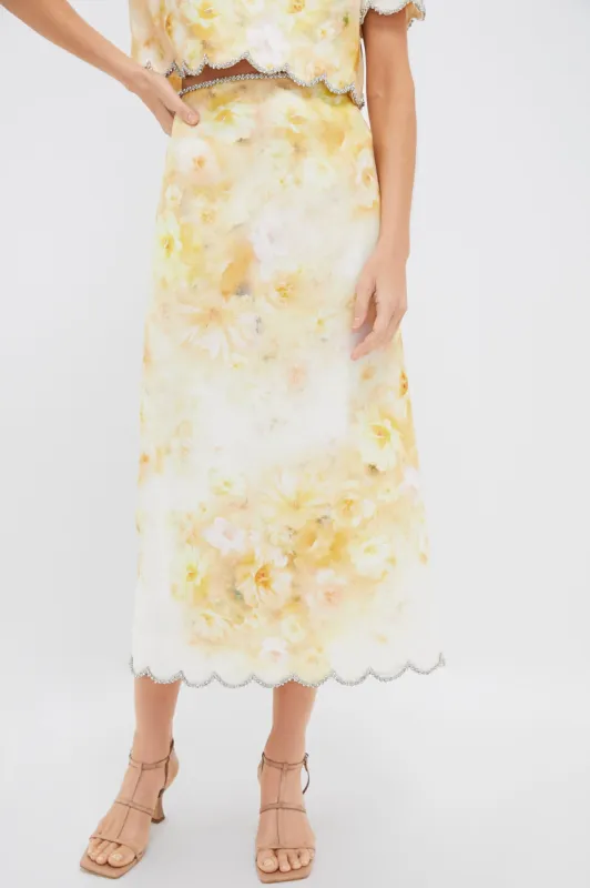 Yellow Floral Crush Scalloped Midi Skirt sold by Tuckernuck