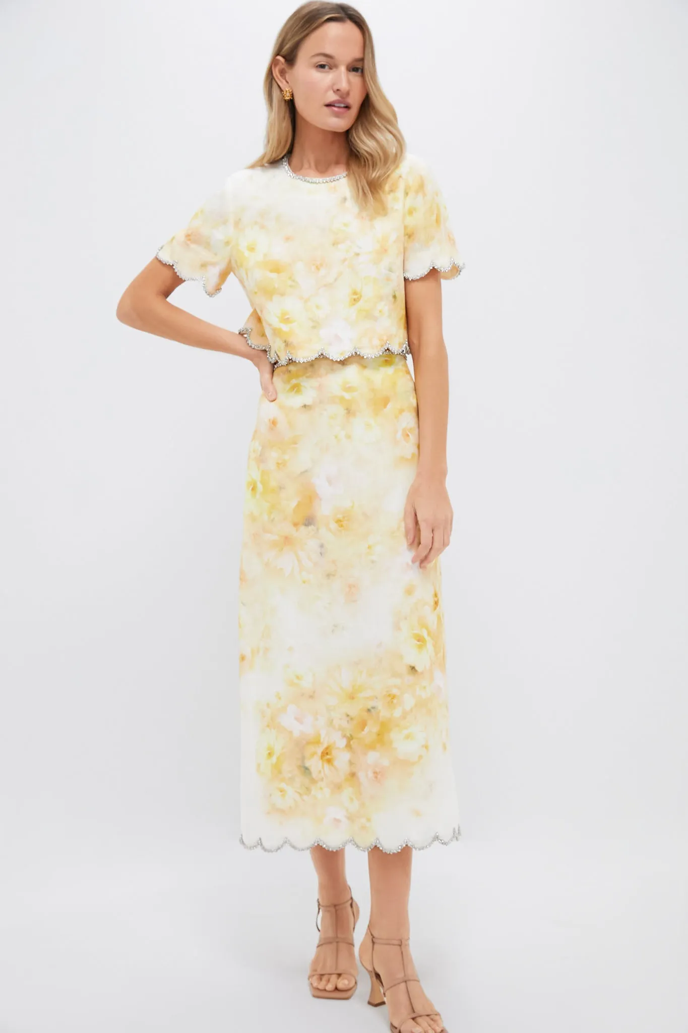 Yellow Floral Crush Scalloped Midi Skirt sold by Tuckernuck product image thumbnail 2