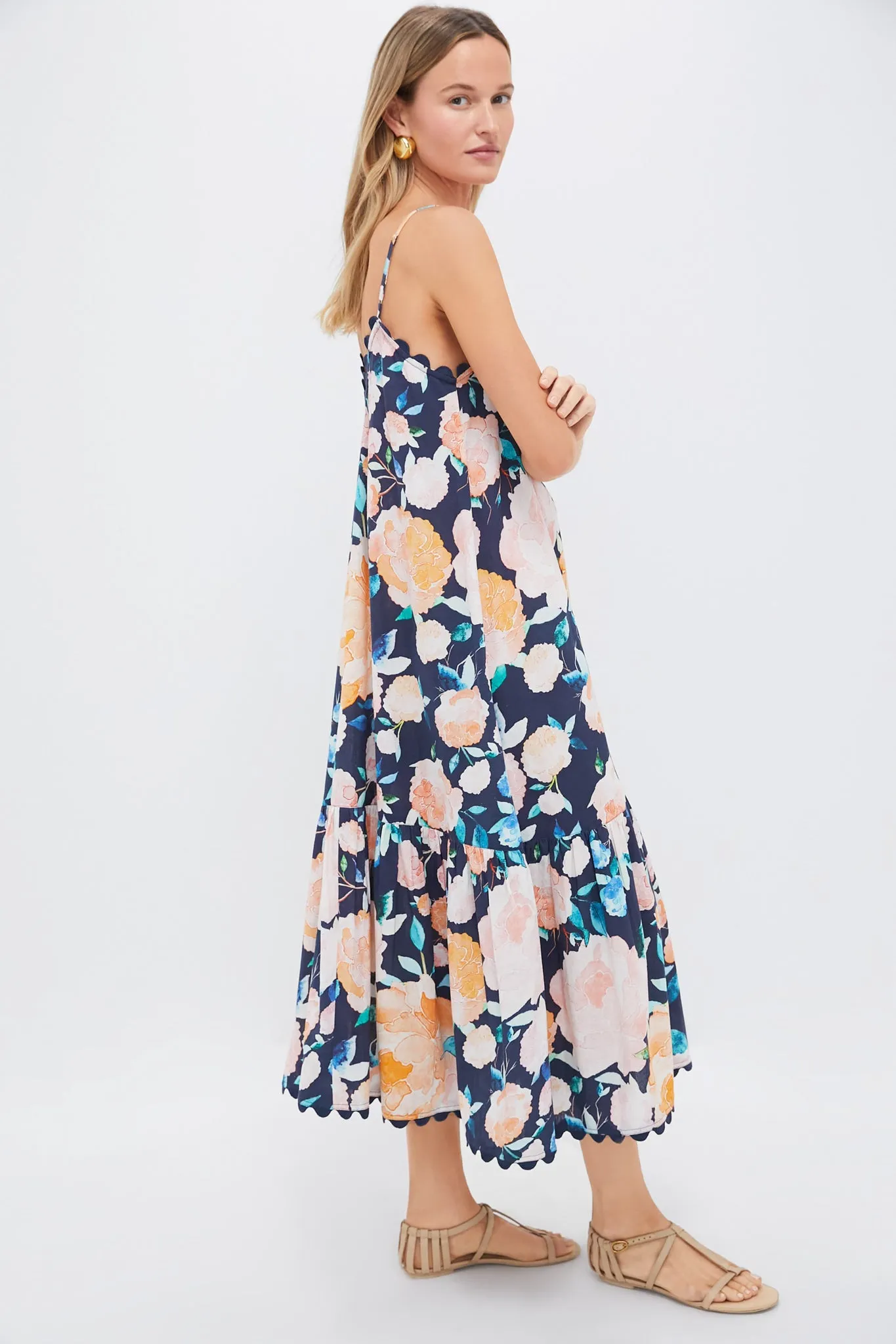 Midnight and Multi V-Neck Midi Dress in Peony Print with Ric Rac Trim sold by Tuckernuck product image thumbnail 3