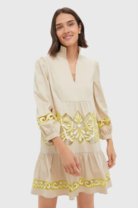 Tan and Citron Embroidered Palmerston Dress sold by Tuckernuck