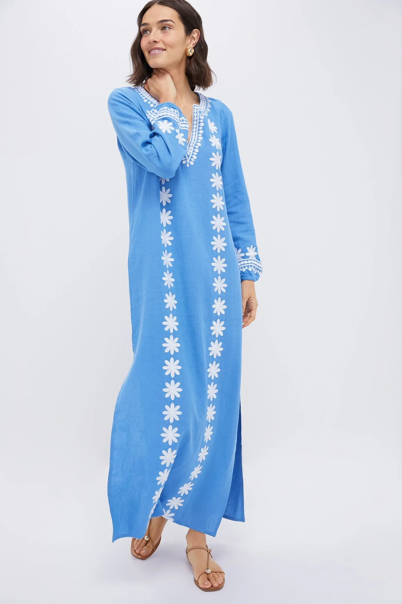 Marina and White Embroidered Caftan sold by Tuckernuck
