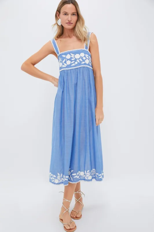 Denim and Cream Chambray Tie Back Dress with Embroidery sold by Tuckernuck