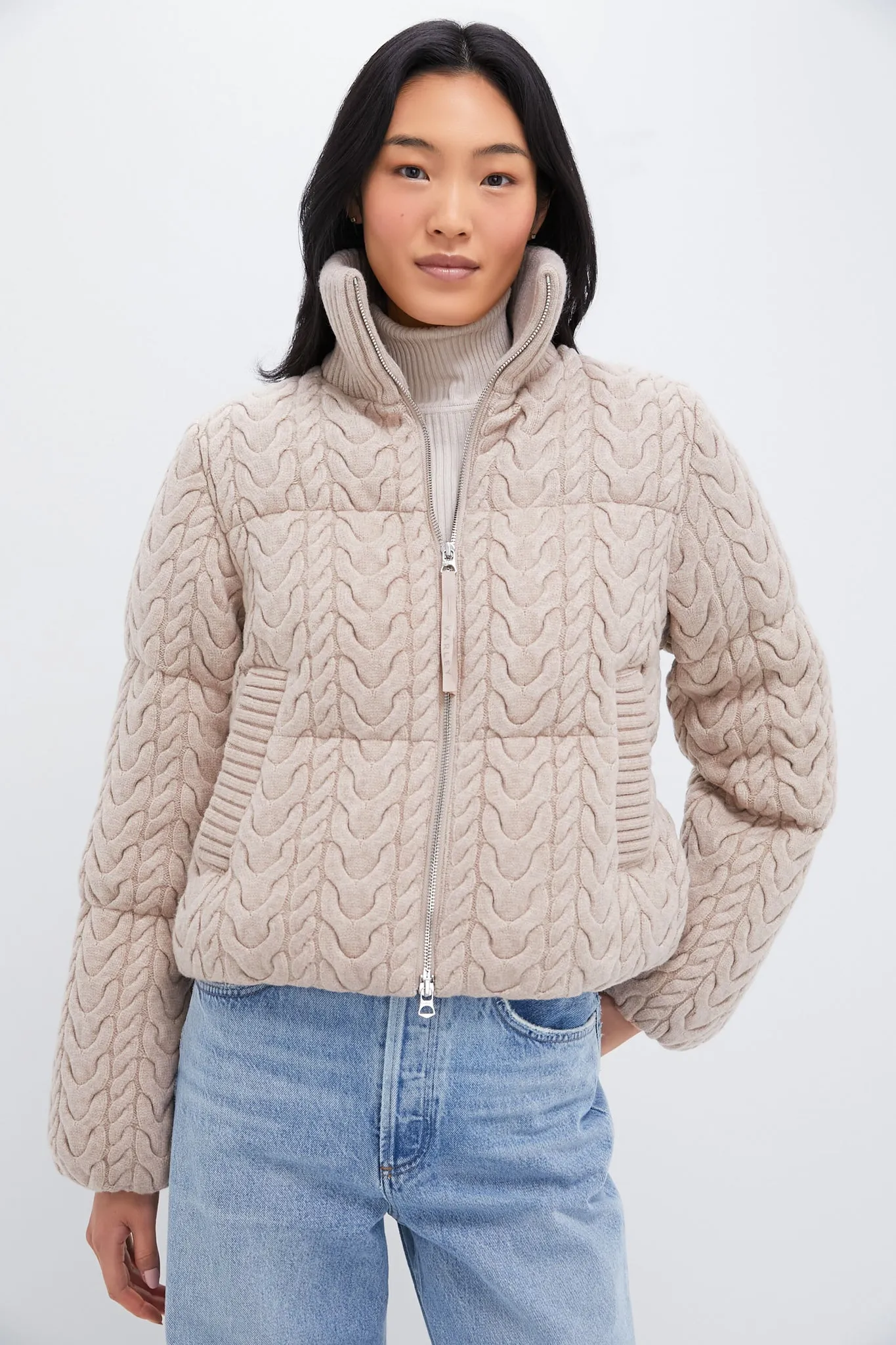 Light Taupe Reggie Cable Knit Puffer sold by Tuckernuck