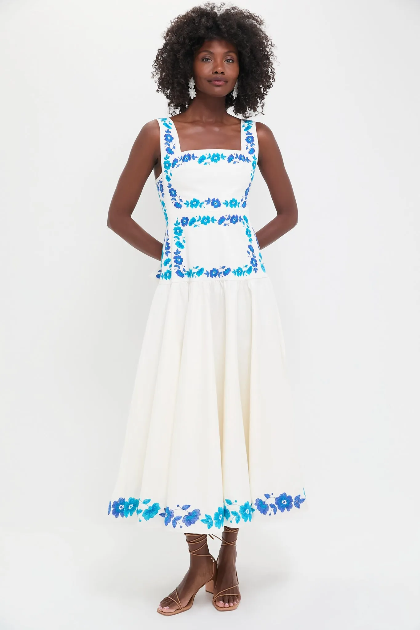 Ecru and Blue Floral Embroidery Midi Dress sold by Tuckernuck