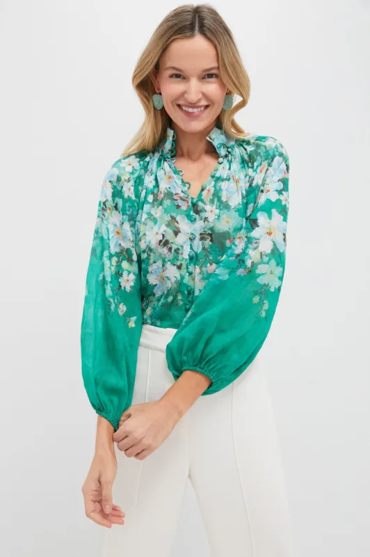 Green Watercolour Floral Everley Billow Blouse sold by Tuckernuck