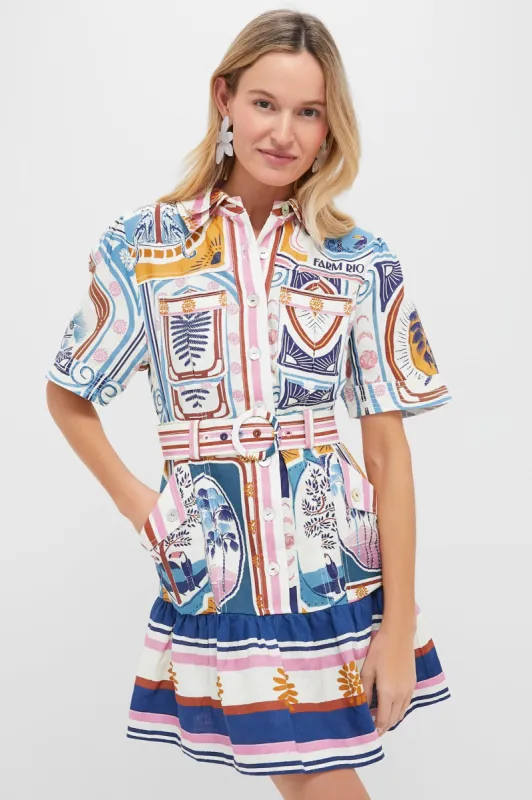 Cream Cerrado Stamps Short Sleeve Mini Dress made by FARM Rio