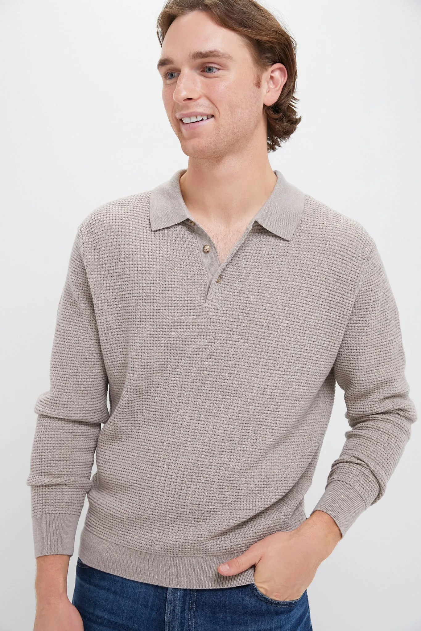 Oatmeal Merino Waffle Polo sold by Tuckernuck