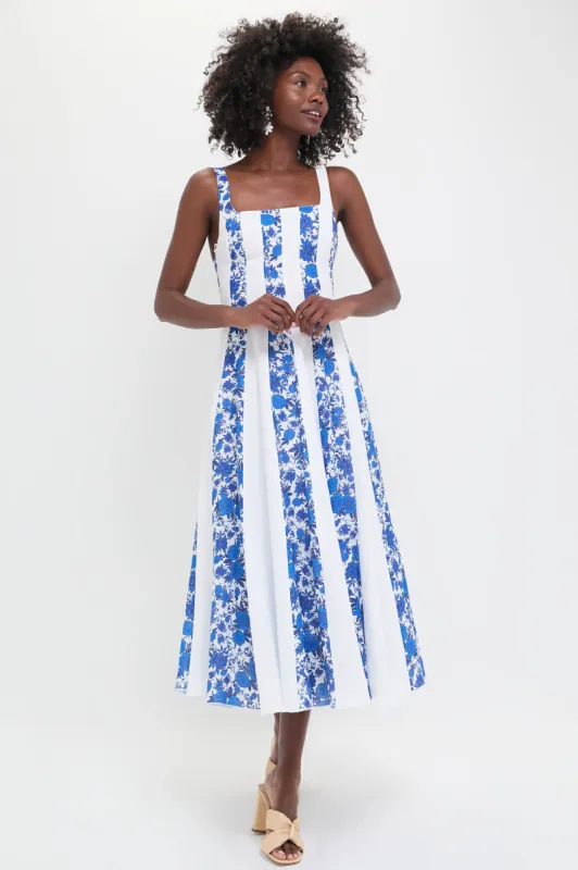 White and Blue Floral Linen Midi Dress sold by Tuckernuck