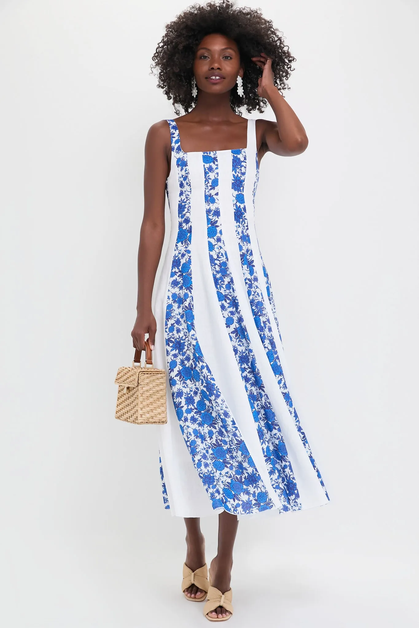 White and Blue Floral Linen Midi Dress sold by Tuckernuck product image thumbnail 2
