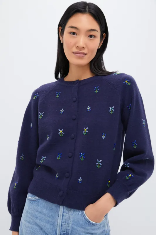 Blue Floral Embellishment Navy Elsie Cardigan sold by Tuckernuck