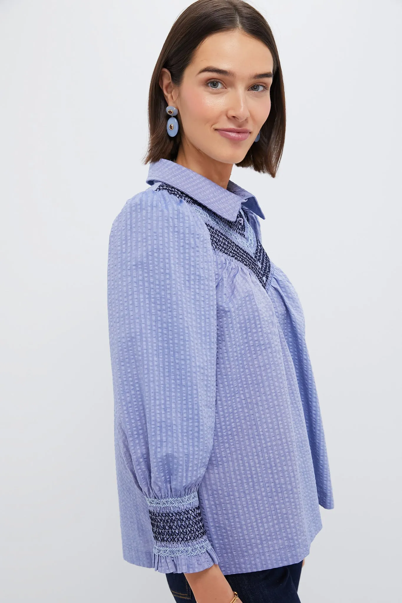 Blue Seersucker Smocked Vail Blouse sold by Tuckernuck product image thumbnail 3