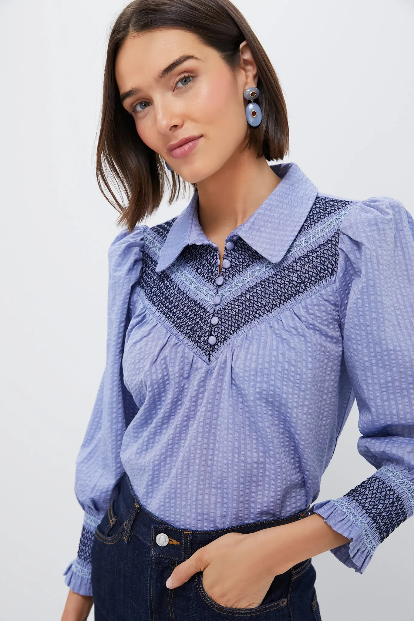 Blue Seersucker Smocked Vail Blouse sold by Tuckernuck