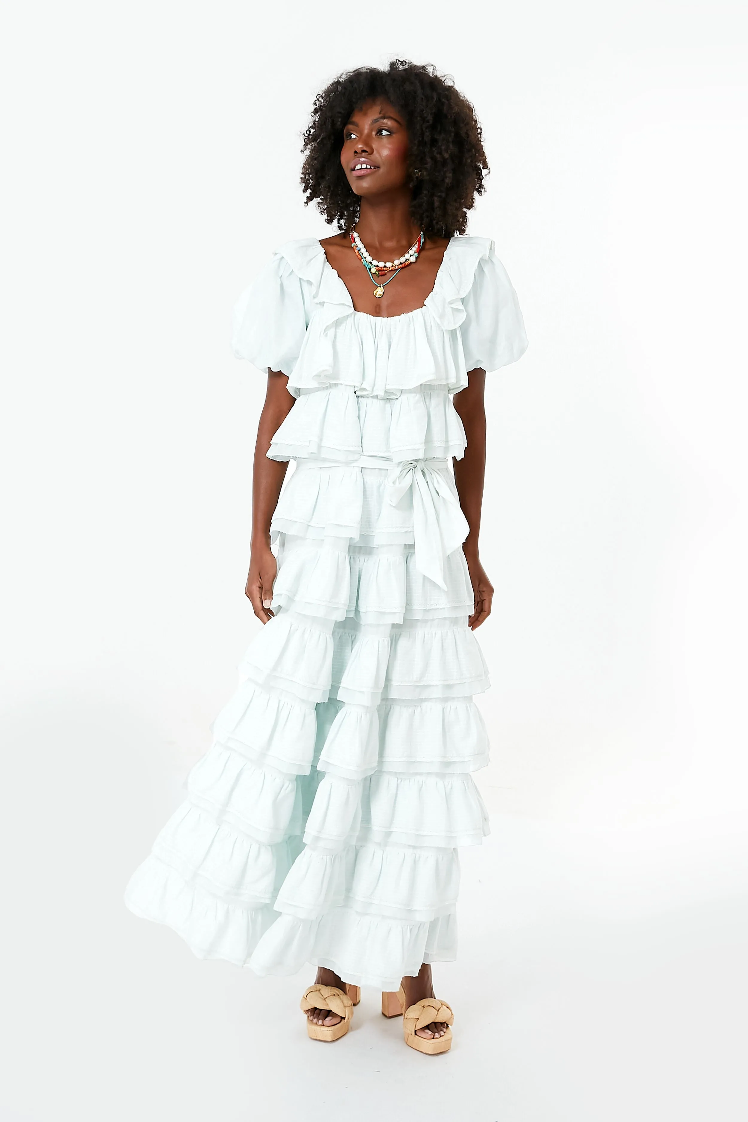 Bit of Blue Puff Sleeve Tier Frill Maxi Dress sold by Tuckernuck