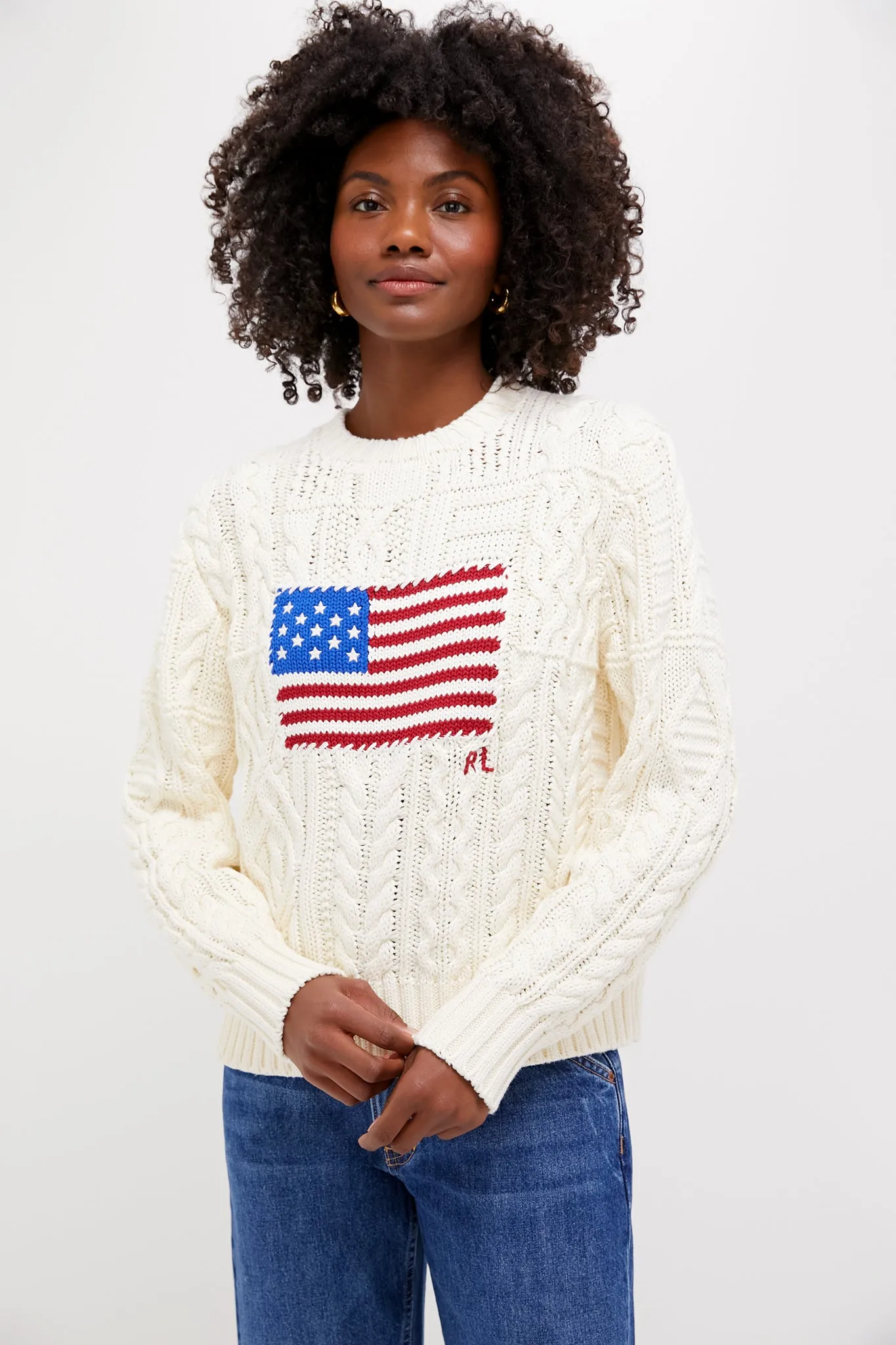 Cream American Flag Long Sleeve Pullover sold by Tuckernuck