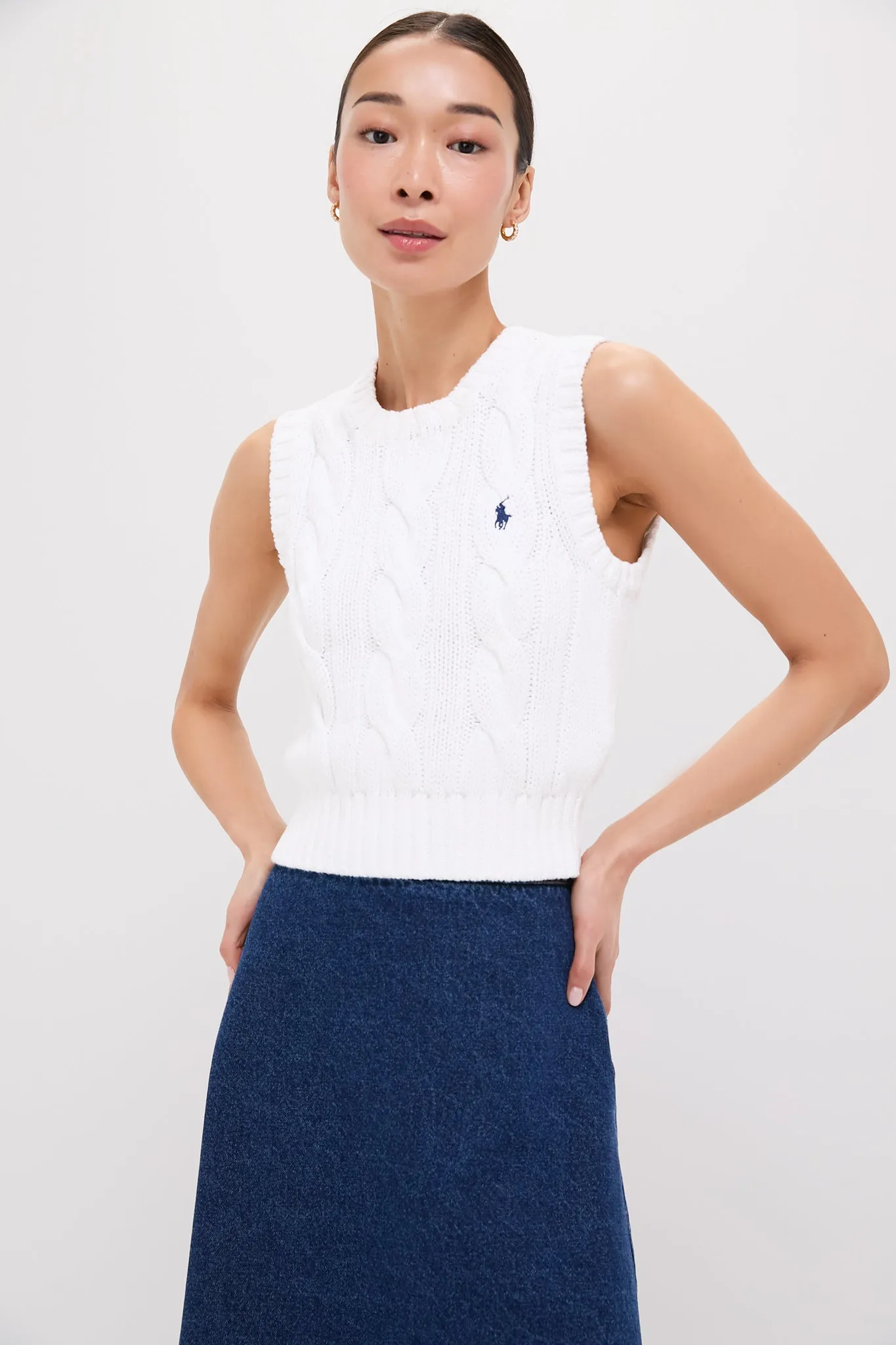 White Cableknit Sleeveless Cropped Pullover sold by Tuckernuck
