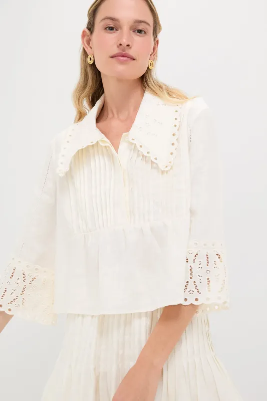 White Linen Eyelet Jones Blouse sold by Tuckernuck