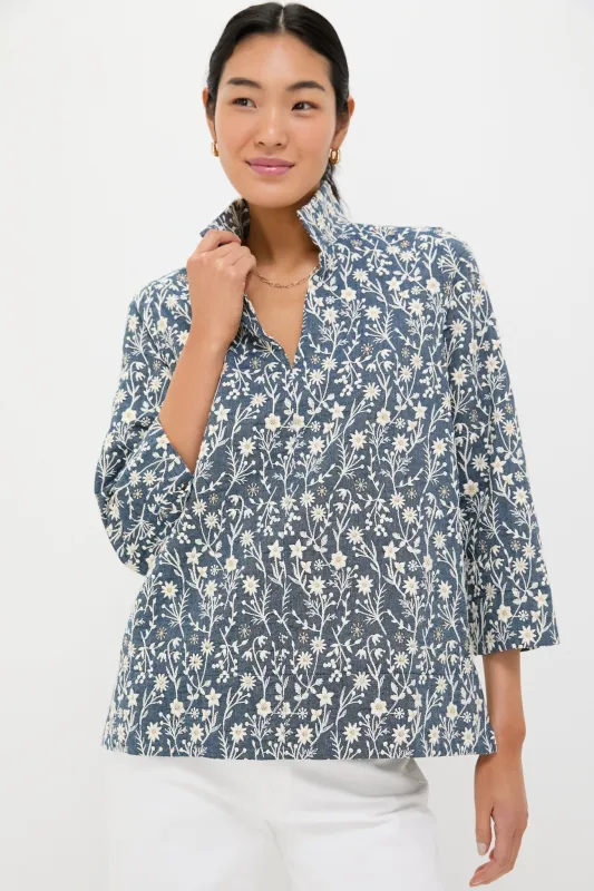 Embroidered Chambray Wildflower Meadows Margot Stand Collar Blouse sold by Tuckernuck