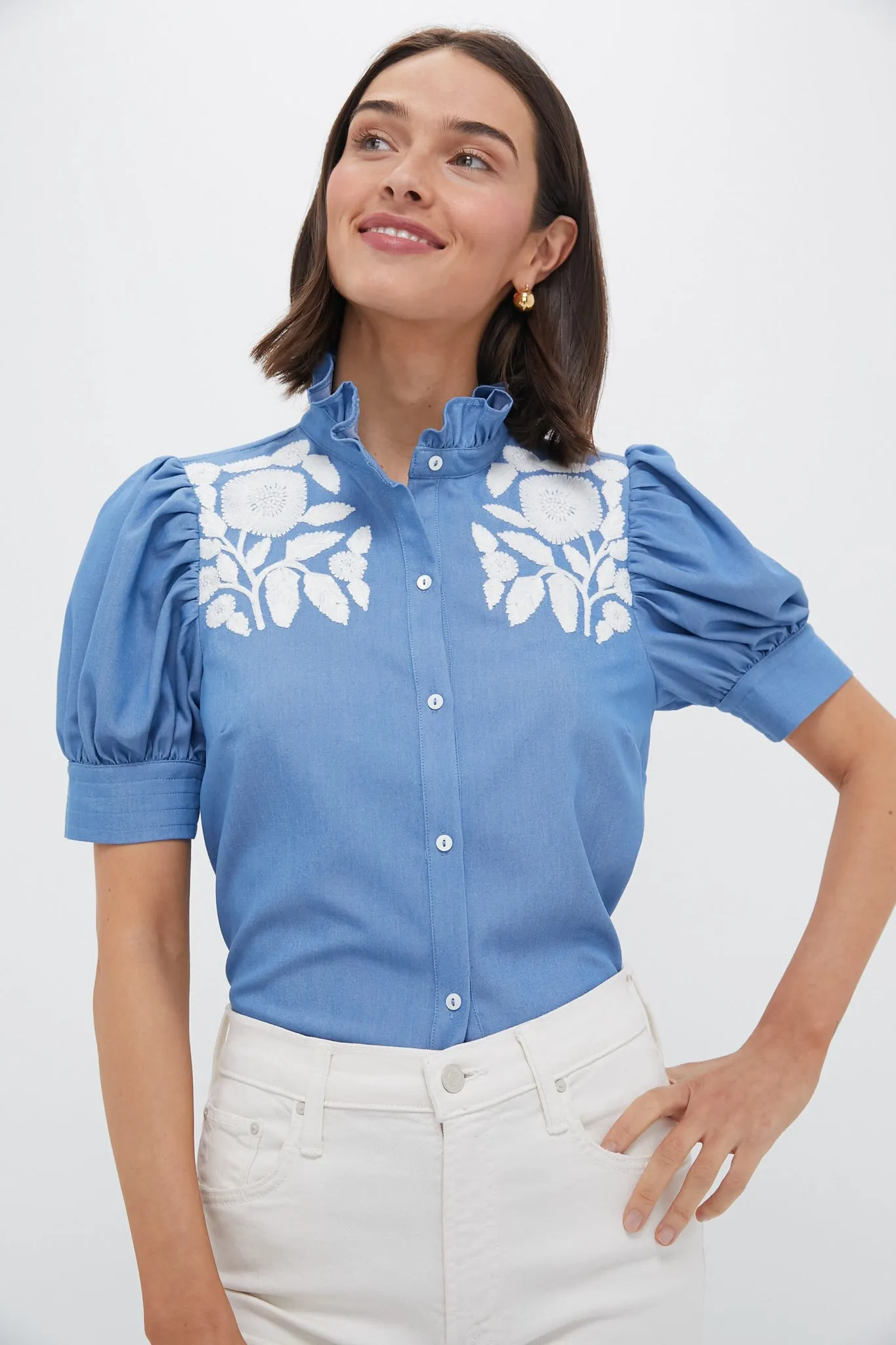 Chambray & White Embroidery Louisa Blouse sold by Tuckernuck