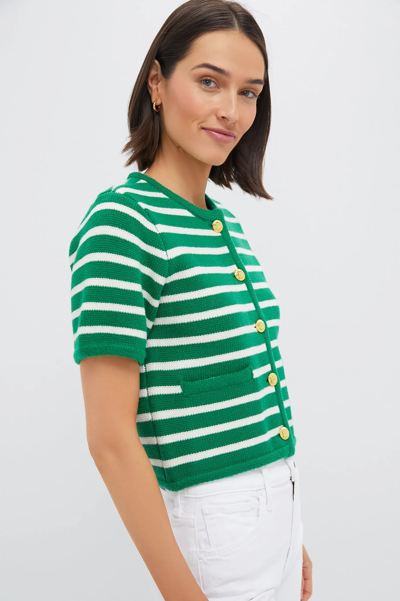 Green & White Striped Short Sleeve Anna Cardigan sold by Tuckernuck product image thumbnail 3