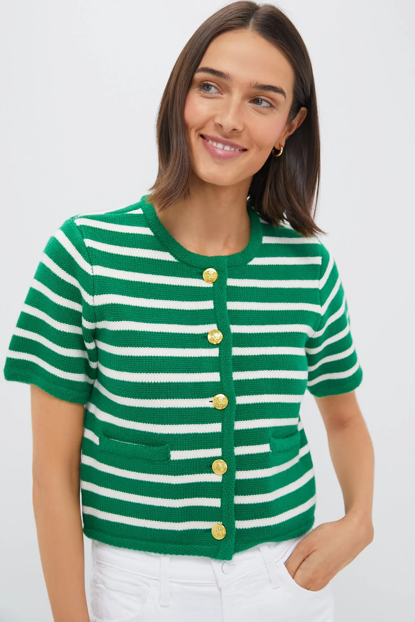 Green & White Striped Short Sleeve Anna Cardigan sold by Tuckernuck