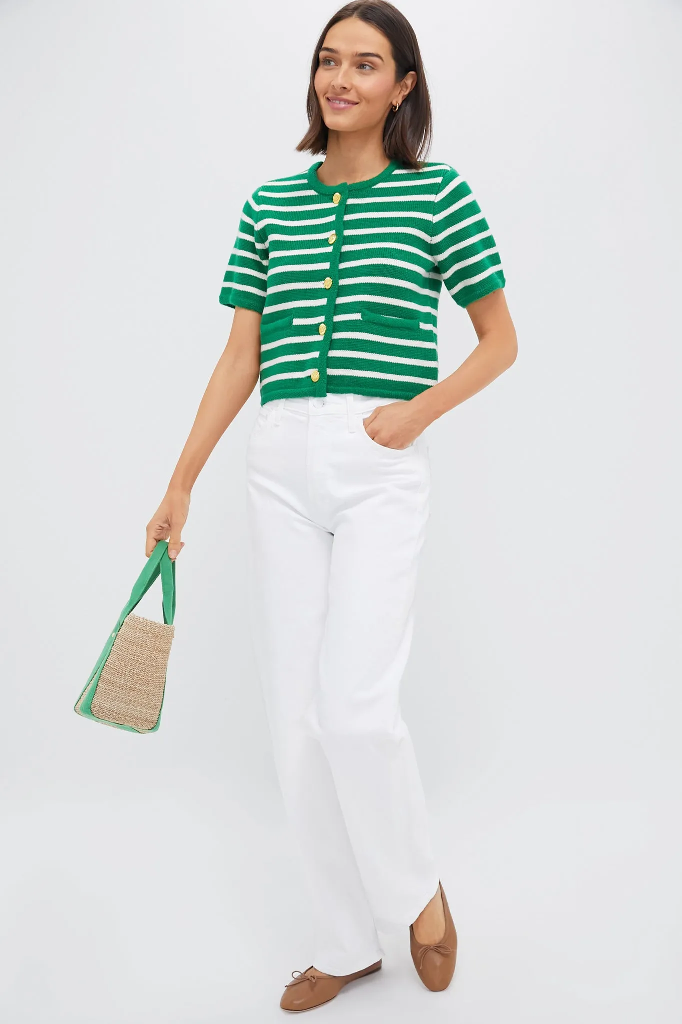 Green & White Striped Short Sleeve Anna Cardigan sold by Tuckernuck product image thumbnail 2