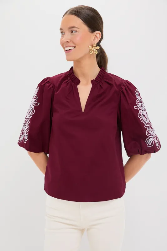 Plum with Lilac Embroidery Floria Blouse sold by Tuckernuck