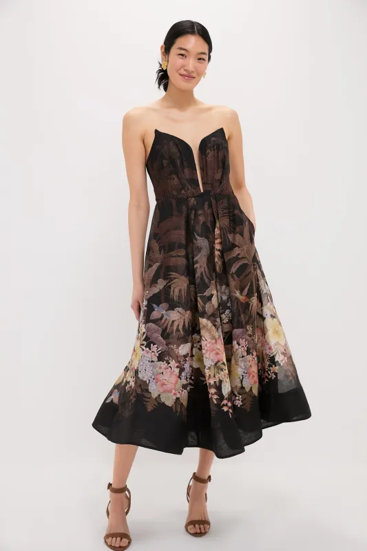 Black Tropical Illuminate Draped Midi Dress sold by Tuckernuck