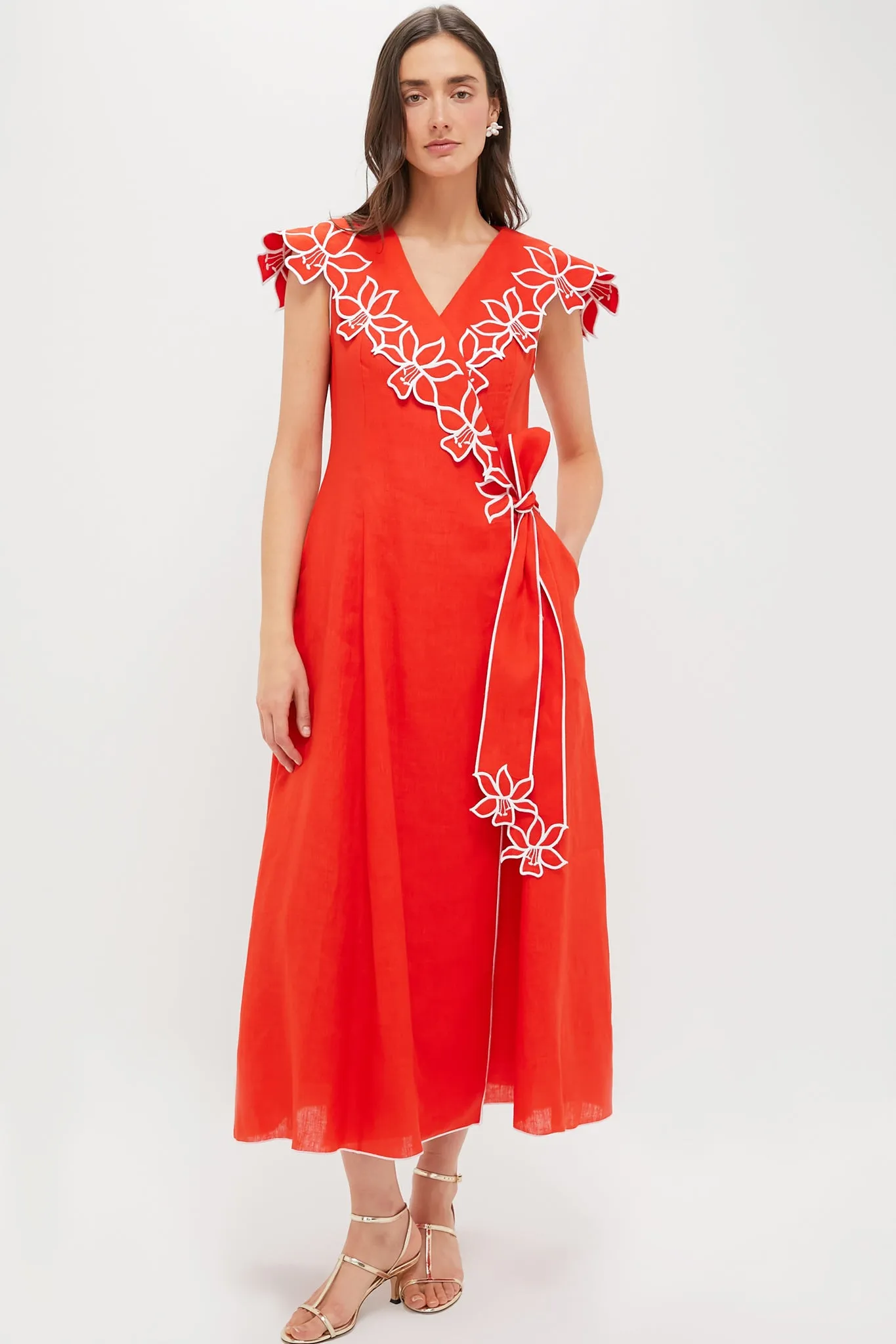 Red and White Embroidery Tessa Midi Dress sold by Tuckernuck