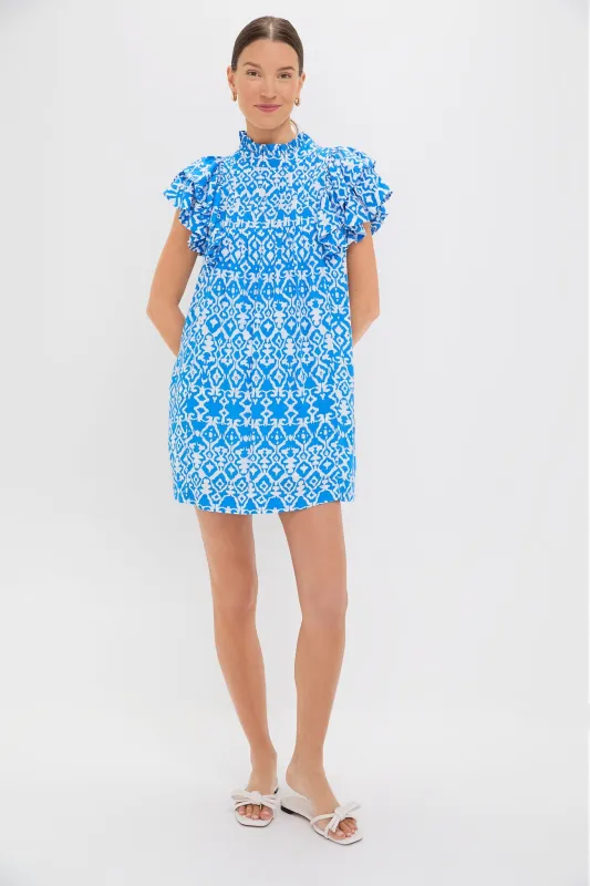 Blue & White Geo Ruffle Sleeve Simmons Mini Dress sold by Tuckernuck