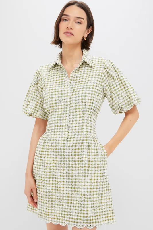Embroidered Floral Green Gingham Mini Delaney Dress sold by Tuckernuck