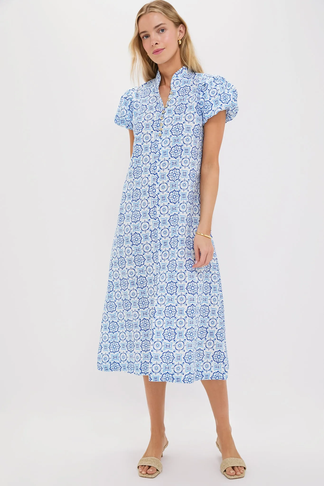 Blue Medallion Puff Sleeve Button Midi Dress sold by Tuckernuck