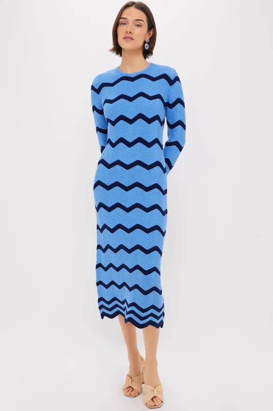Cornflower Blue & Navy Zig-Zag Stripe Callan Knit Midi Dress made by Hyacinth House