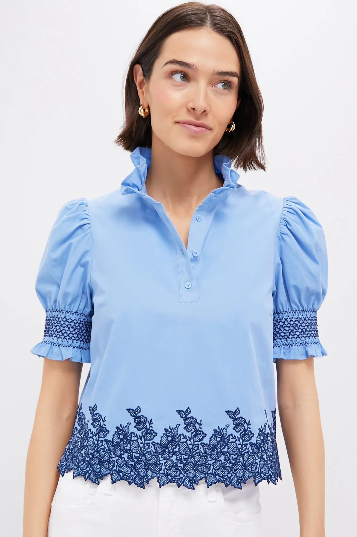 Cornflower Blue & Navy Embroidery Eliza Blouse sold by Tuckernuck