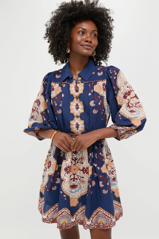 Navy Lagos Print Leigh Mini Dress made by Cleobella