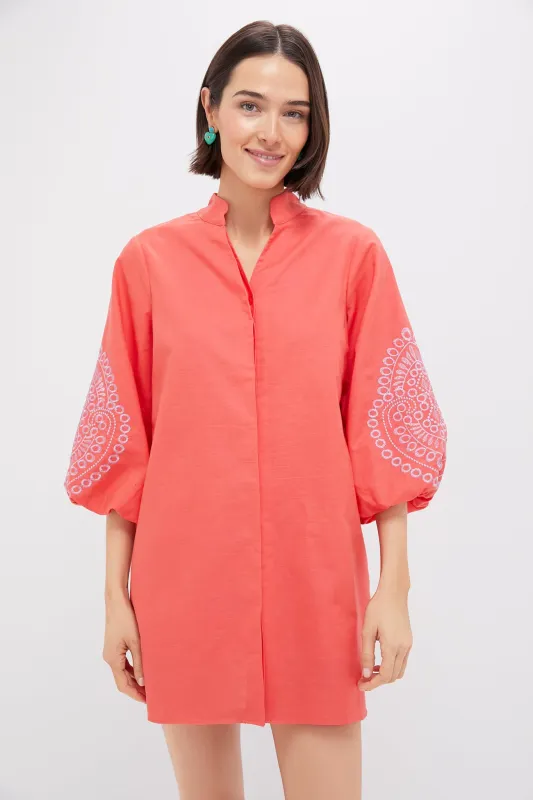 Coral with Lavender Embroidery Mini Wisteria Caftan sold by Tuckernuck