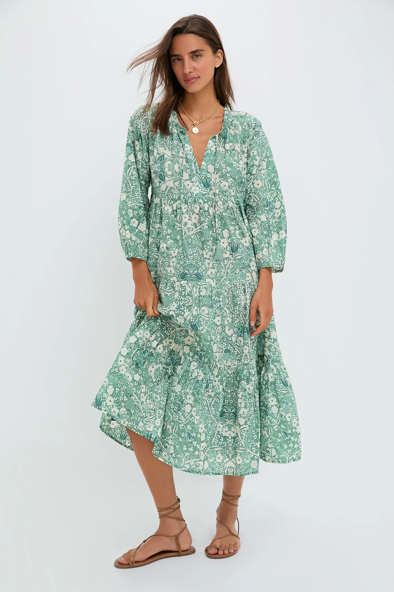 Misty Jade Blossom Long Sleeve Salty Paloma Caftan sold by Tuckernuck